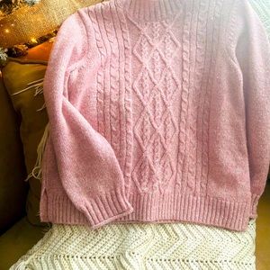 Pink sweater Large Petite in size was warn once, super cute and comfortable!